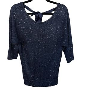 Soho Sweater Womens Small Blue Sparkle Back Tie Scoop 3/4 Sleeve
